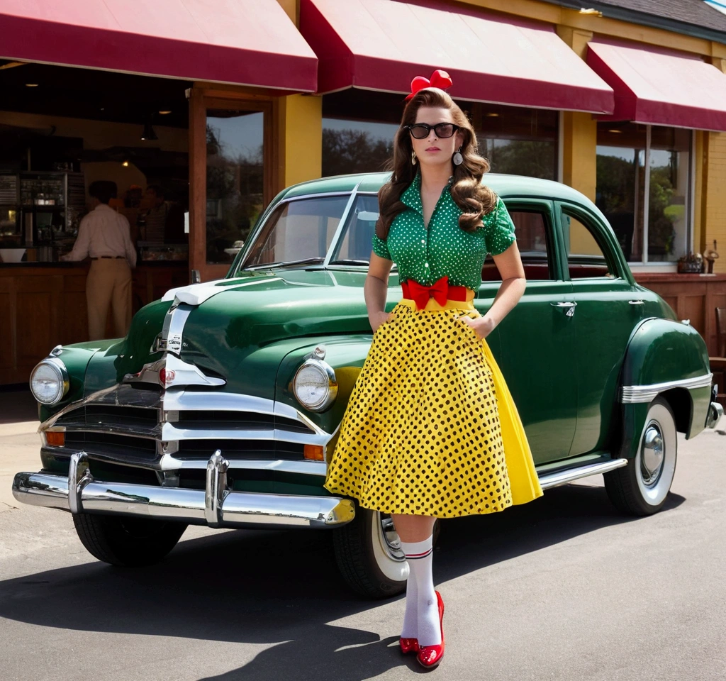 (1girl, long brown hair, green eyes, large breasts), (yellow shirt, red skirt, belt, polkadot skirt, yellow bow, cleavage, earrings, jewelry, black shoes, white socks, sunglasses, eyewear on head), Picture a British racing green colored 1952 Dodge Kingsway Custom parked outside of a Restaurant, its chrome grille catching the sunlight, embodying an era of post-war optimism and automotive innovation, distant shot