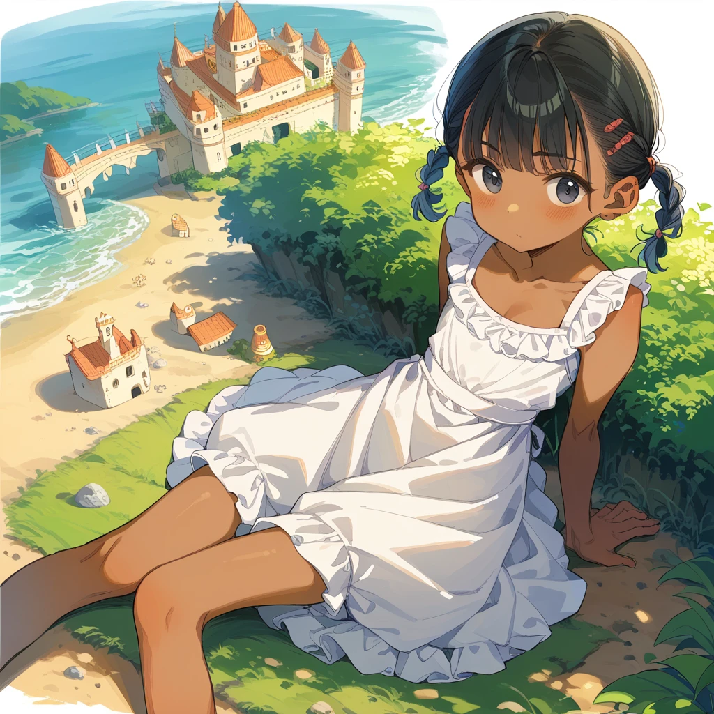 score_9_up, score_8_up, score_7_up, score_6_up, source_アニメ，2d, flat、Black Hair、Pigtails、White dress、Brown Skin、Sandy Beach、Sand castles、rating_safe