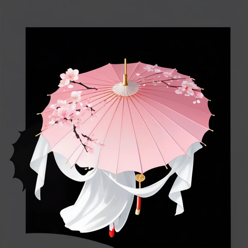 there is a pink umbrella with flowers on it on a black background, 阳umbrella, umbrella, an umbrella top, A sheep, flowing Cherry blossoms-colored silk, Cherry blossoms kinomoto, Fancy hats, flowing Cherry blossoms silk, shadow, 阳umbrellas, mushroom umbrella, Heian period, Cherry blossoms, [[fantasy]], 2k, two, Concept works, 8K!!