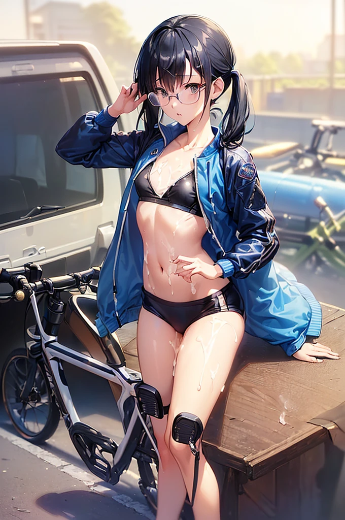 masterpiece, best quality,anime style, 1 girl,(((slender body))), (((small eyes,small breast))),(((Jacket, Open your clothes, Open jacket, Blue jacket, ground vehicle, Sports Bra, bicycle,buruma,glasses))),((((cum)))), (beautiful face), (((short twintail))), (((straight hair))), ((((black hair)))),detailed beautiful skin, (perfect hands, perfect anatomy)