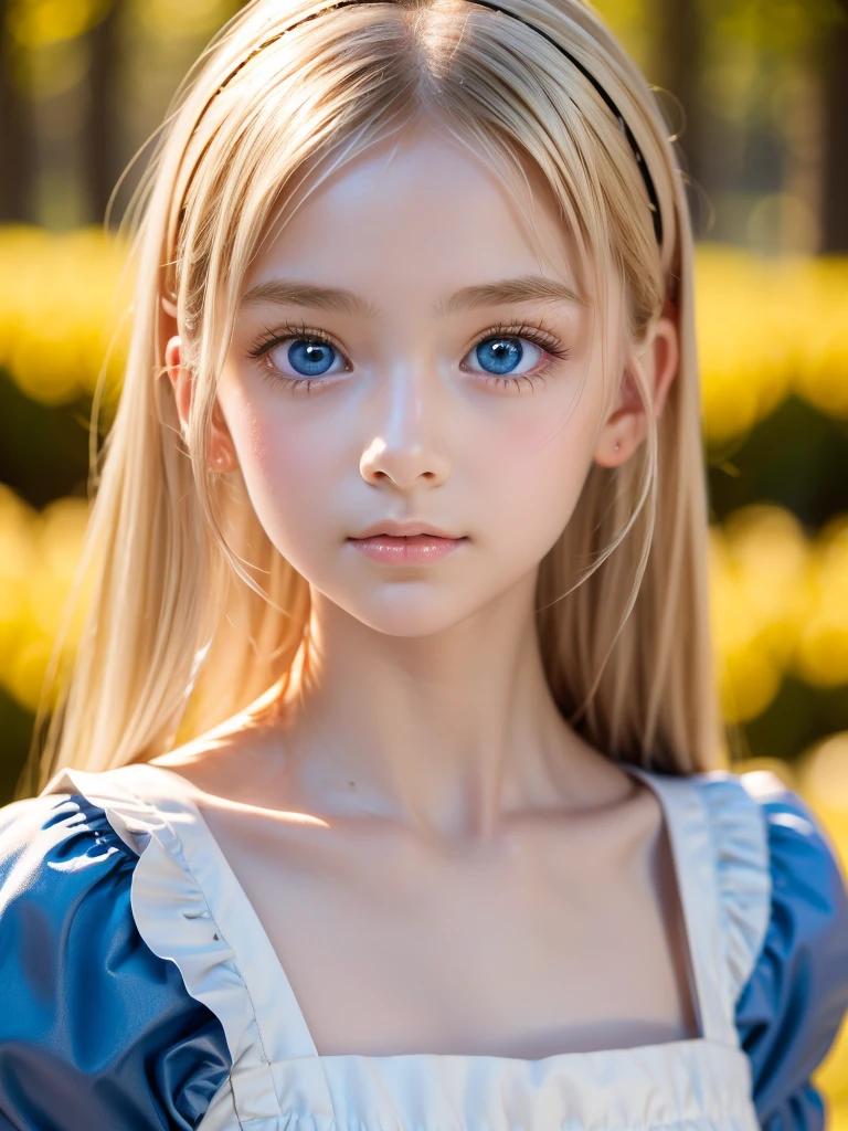 One Girl，(1人のとてもcute女の子:1.3)，masterpiece，Highest quality，High resolution，From below，Low - Angle，Photorealistic，RAW Photos，Ray Tracing，Physically Based Rendering，beautiful girl，(:1.3)，cute，Big Blue Eyes，(detailed pupils:1.2)，(The face is facing straight ahead:1.3)，Body facing forward，Beautiful nose，Upturned nose，Fuller lips，Platinum Blonde Hair，Detailed eyelashes，Thin eyebrows，Very fine grain definition，(Symmetrical eyes，Golden Ratio:1.3)，(Face close-up，Face Focus:1.0)，Small breasts，Short neck，Light blue dress，White apron，forest，Alice in Wonderland，Spring sunlight，Soft Light，Portrait，View Viewer，Upper Body，Cinema Lighting，High resolution，Very detailed