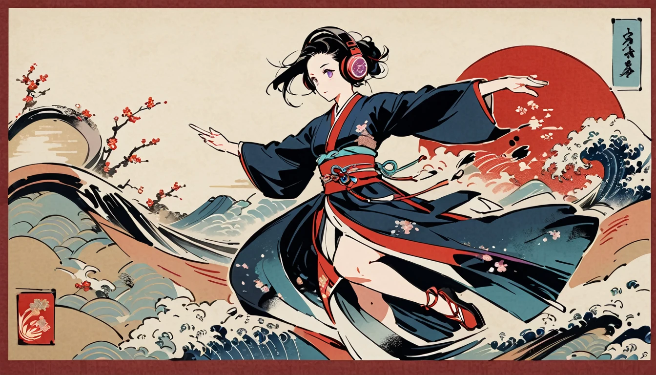 whole body, dance, Purple Eyes, Ink Painting, 1 girl, tattoo, Japanese style headphones, beautiful girl, Black Hair, peace, Delicate and precise, Modern ukiyo-e style, Multicolored background