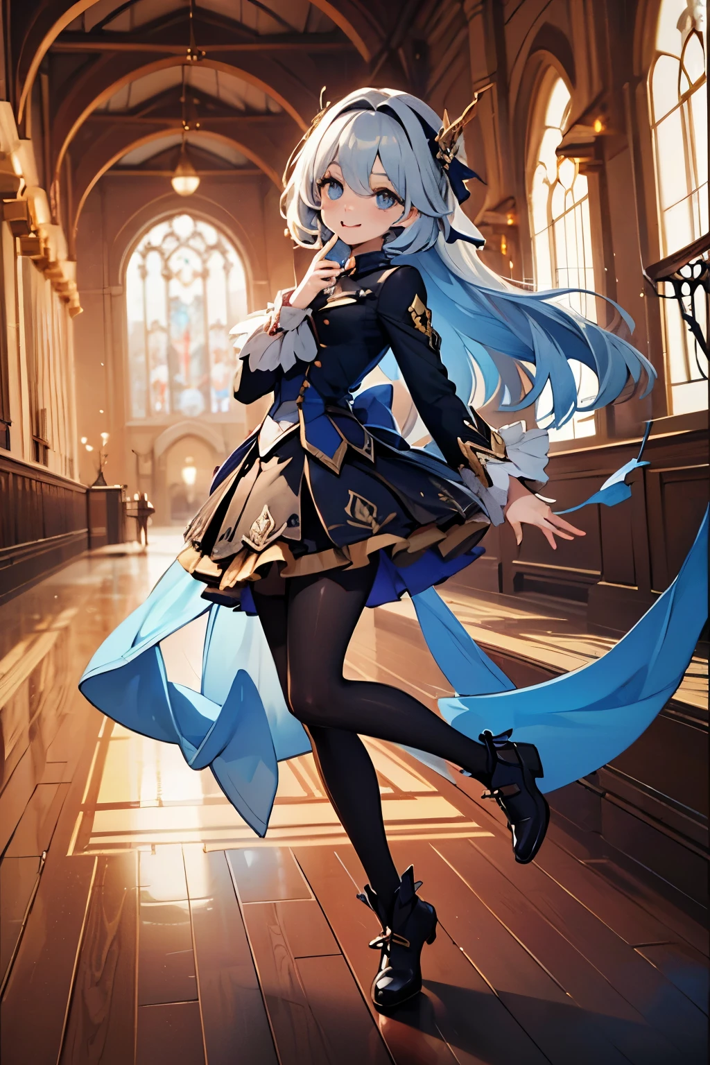 ((4K、8K、quality、Perfect Finger: 1.Perfect anatomy: 1.3、The background is blurred out))、(Transform the sequence)、((a beautiful slender girl、Shy Laughter、Cute big droopy eyes、Long straight hair with sides facing up、ar old girl、Small bust uniform tights、longer sleeves、Ornately decorated headband))、(high legs)、Permanent、Full body depiction、wide wide shot、In the noble hall、