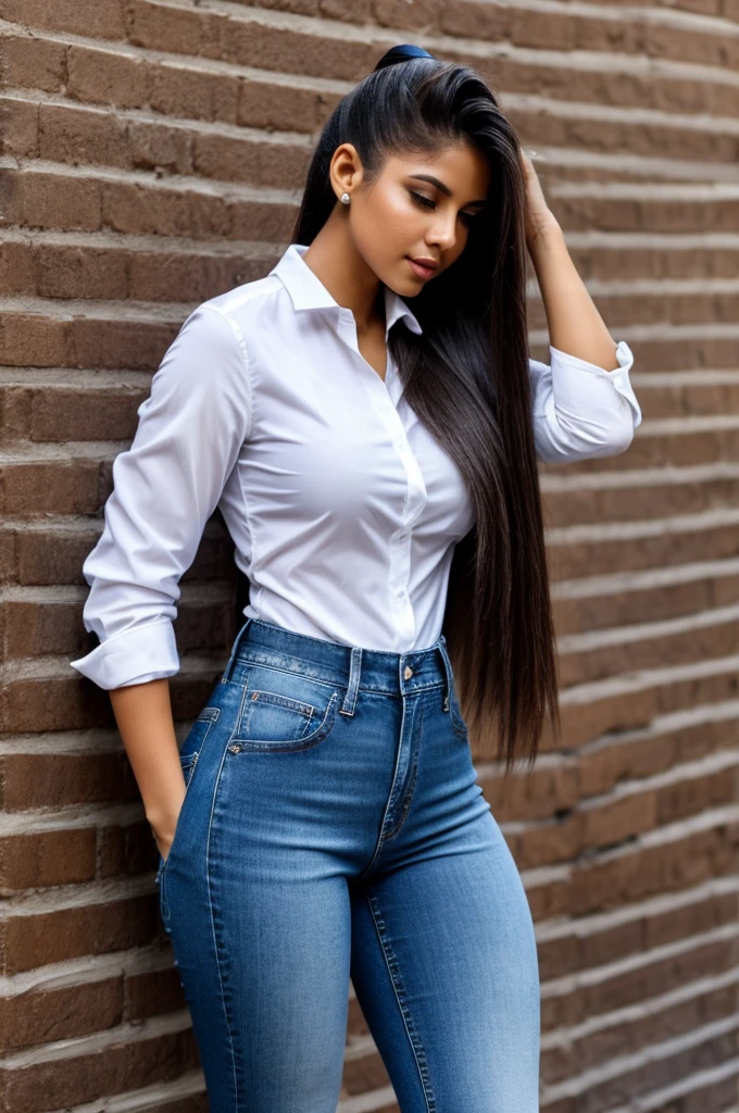 Sexy latina girl , con jeans ,long straight hair in a ponytail and tailored shirt