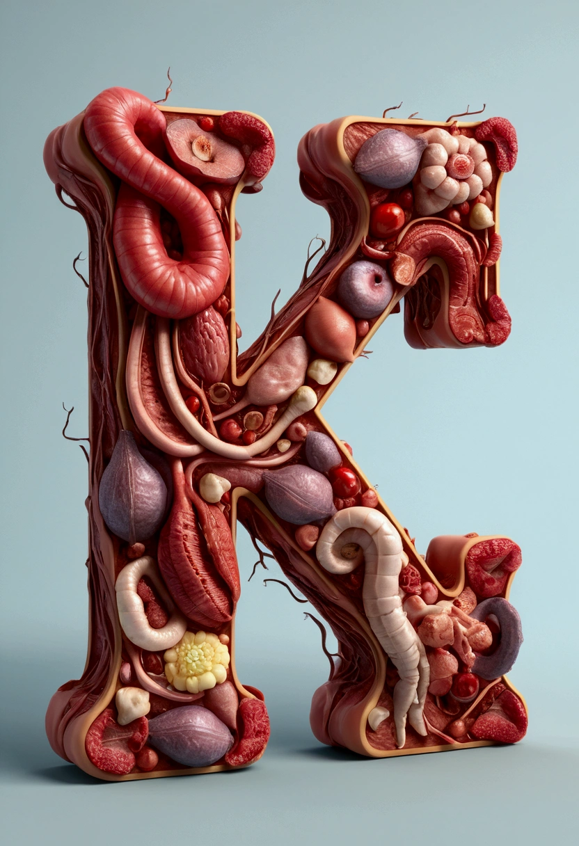Letter k made by flesh and human organs, 3D model, realist