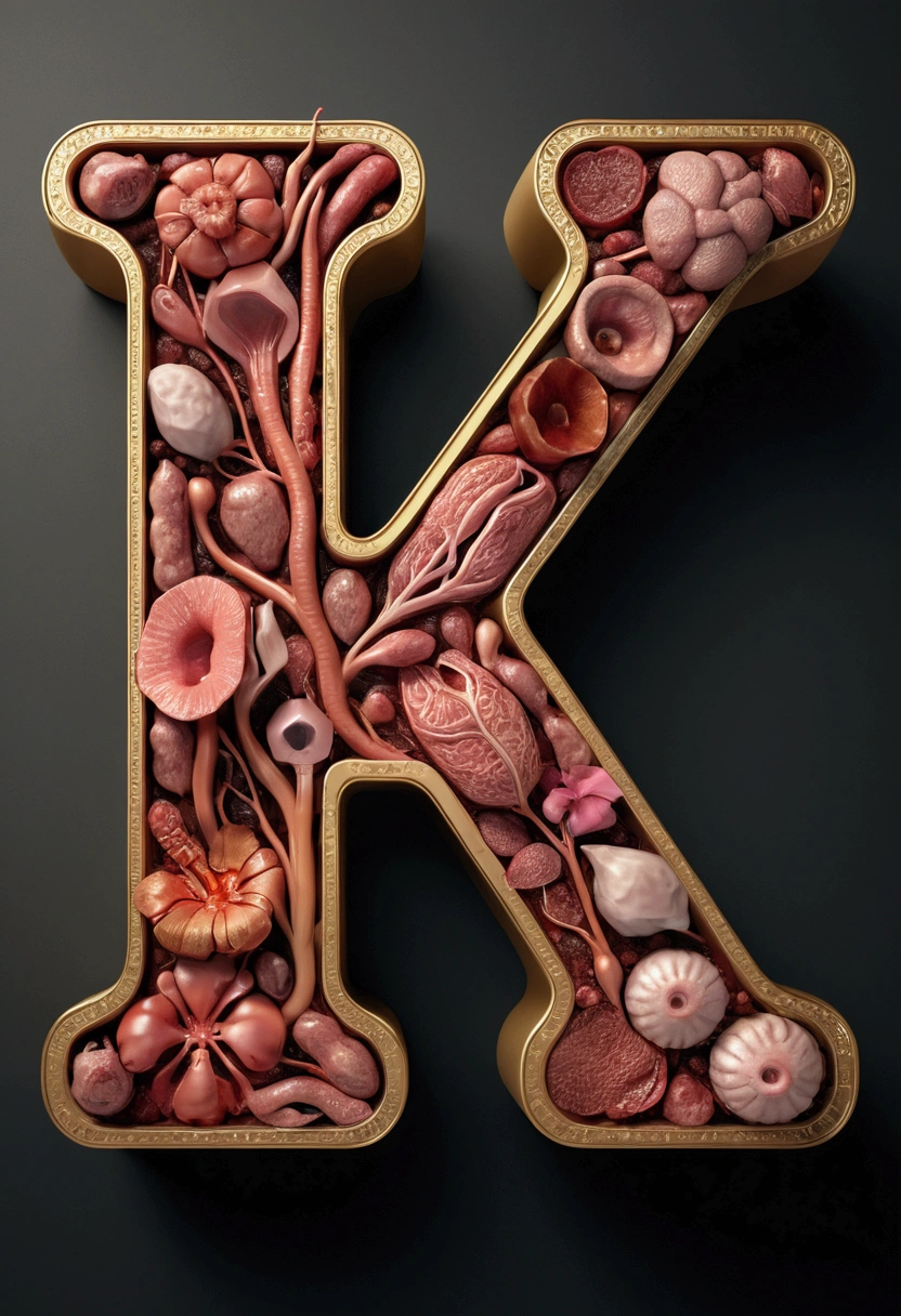 Letter k made by flesh and human organs, 3D model, realist