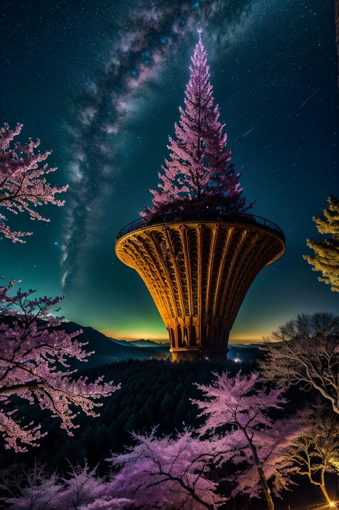 In the realm of whimsical fantasy, a majestic and translucent comet takes to the skies, defying the very laws of nature. Its colossal form glows with a luminescent radiance, each fluid curve and wrinkle captured in exquisite detail in this high-resolution image. Cherry blossoms drift gently through the air around it, their delicate petals unfurling and cascading like rain, falling freely from the branches of ethereal trees that cling tensely to the wondrous behemoth's humongous body. The fantasy landscape that surrounds this aerial spectacle is alive with vibrant colors, as if illuminated by

