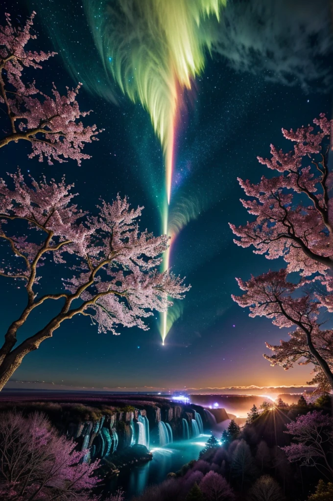 In the realm of whimsical fantasy, a majestic and translucent comet takes to the skies, defying the very laws of nature. Its colossal form glows with a luminescent radiance, each fluid curve and wrinkle captured in exquisite detail in this high-resolution image. Cherry blossoms drift gently through the air around it, their delicate petals unfurling and cascading like rain, falling freely from the branches of ethereal trees that cling tensely to the wondrous behemoth's humongous body. The fantasy landscape that surrounds this aerial spectacle is alive with vibrant colors, as if illuminated by