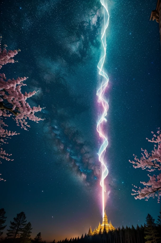 In the realm of whimsical fantasy, a majestic and translucent comet takes to the skies, defying the very laws of nature. Its colossal form glows with a luminescent radiance, each fluid curve and wrinkle captured in exquisite detail in this high-resolution image. Cherry blossoms drift gently through the air around it, their delicate petals unfurling and cascading like rain, falling freely from the branches of ethereal trees that cling tensely to the wondrous behemoth's humongous body. The fantasy landscape that surrounds this aerial spectacle is alive with vibrant colors, as if illuminated by
