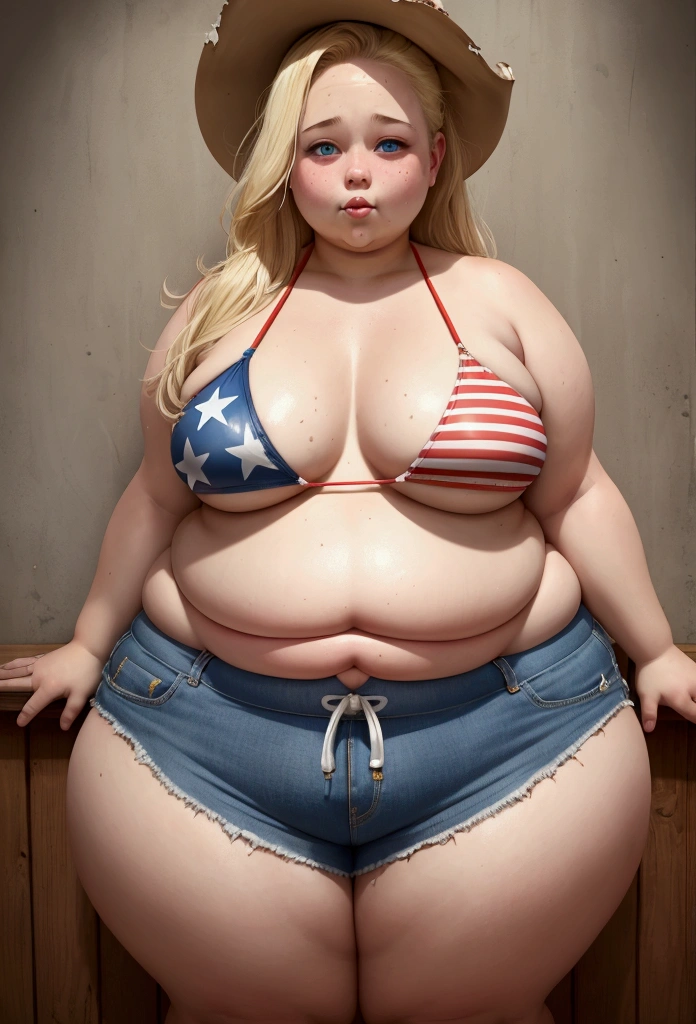 best quality, high rating, girl, young, blonde hair, blue eyes, morbidly obese, extremely obese, immobile, immobile blob, slob, fat legs, fat arms, flabby arms, fat face, fat cheeks, flabby cheeks, quadruple chin, messy eating, stained with food, surrounded with food covered in grease, covered in sauce, sweaty, bikini, bikini top, american flag bikini, shorts, jeans shorts, ripped shorts, undersized clothes, undersized shorts, undersized bikini top, cowboy hat, full body front view