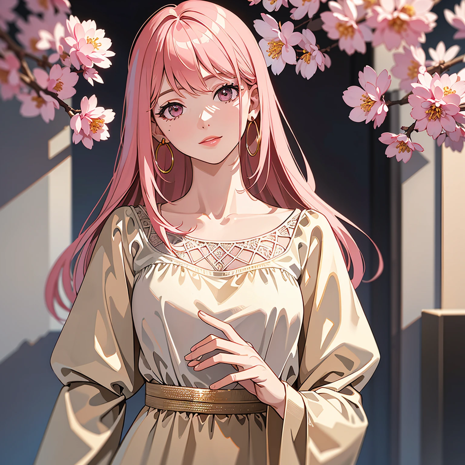 (masterpiece, high quality, best quality, 4k, 8k:1.4), 1girl, solo, pink hair, brown eyes, double-parted bangs, long hair, (mature female, mature:1.2), mole under eye, hoop earrings, revealing dark dress, detailed face, beautiful detailed eyes, beautiful detailed lips, extremely detailed face, long eyelashes, intricate details, soft lighting, soft color pallette, perfect anatomy