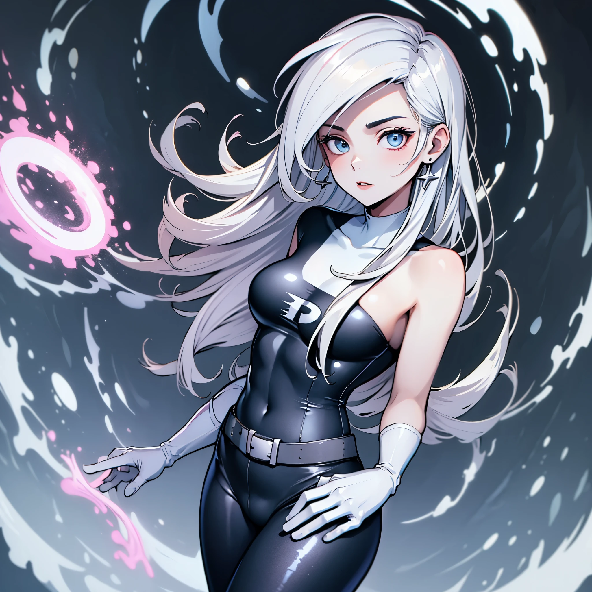 (masterpiece), best quality, expressive eyes, perfect face, highres, 1girl, solo, (female:1.5), danny phantom, white hair, long hair, white gloves, black bodysuit, standing, upper body, looking at the viewer