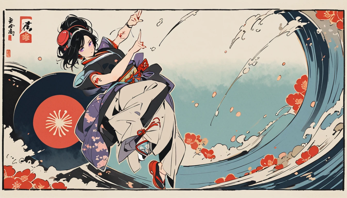 whole body, dance, Purple Eyes, Ink Painting, 1 girl, tattoo, Japanese style headphones, beautiful girl, Black Hair, peace, Delicate and precise, Modern ukiyo-e style, Multicolored background