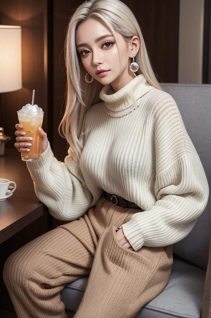Linda mulher realisitic em um ambiente escuro, with sweater, holding a compo with a silver pearl color drink, 4k Full HD, realisitic