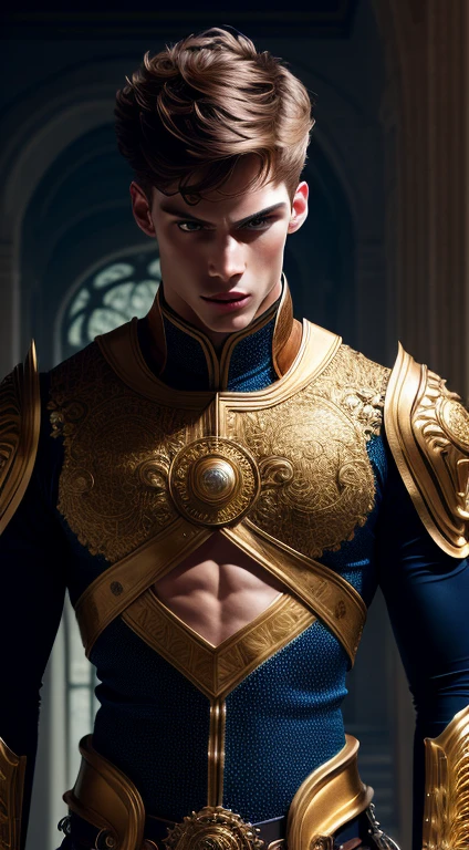 (extremely detailed 8k wallpaper), a medium shot shot of a young male model, blue eyes, brown hair, strong jawline, fearful, intricate, high detail, dramatic, fit body, which tall, full body, prince aesthetic