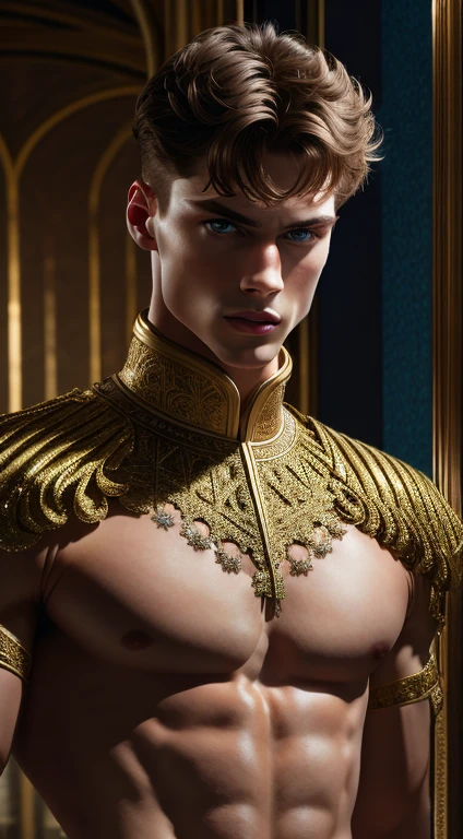 (extremely detailed 8k wallpaper), a medium shot shot of a young male model, blue eyes, brown hair, strong jawline, fearful, intricate, high detail, dramatic, fit body, which tall, full body, prince aesthetic
