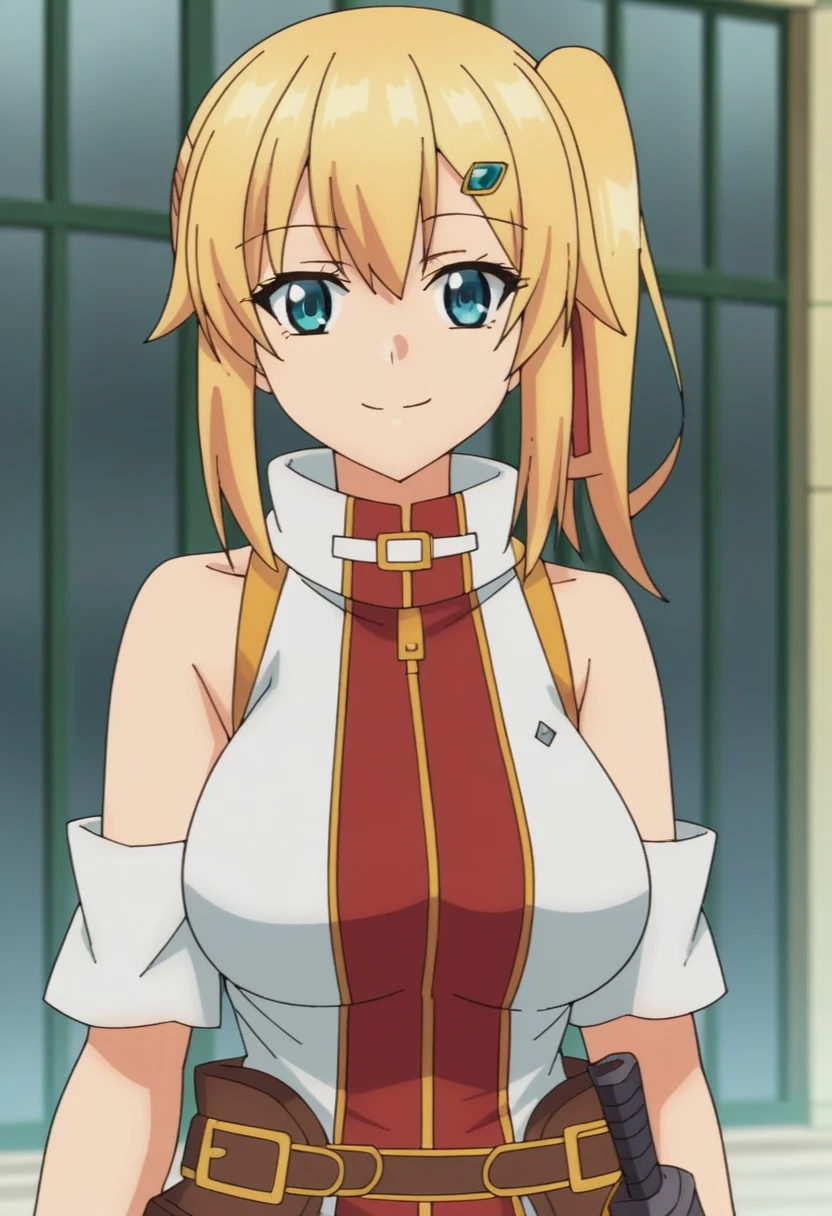 emma brightness, blonde_hair, 1girl, hair_ornament, blue_eyes, hairclip, solo, side_ponytail, large_breasts,    ,  looking at viewer, upper body, smile, score_9, score_8_up, score_7_up, , anime coloring ,BREAK source_anime, anime