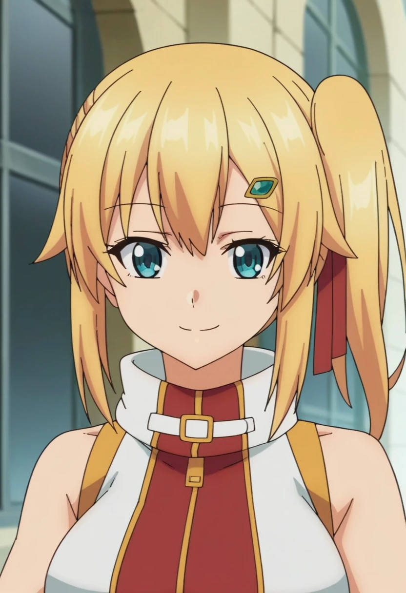 emma brightness, blonde_hair, 1girl, hair_ornament, blue_eyes, hairclip, solo, side_ponytail, large_breasts,    ,  looking at viewer, upper body, smile, score_9, score_8_up, score_7_up, , anime coloring ,BREAK source_anime, anime