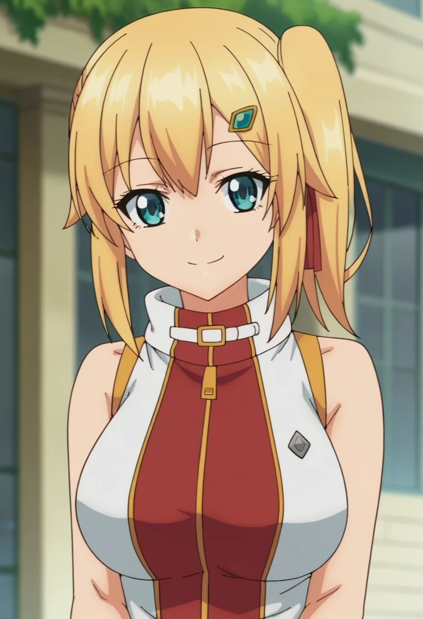 emma brightness, blonde_hair, 1girl, hair_ornament, blue_eyes, hairclip, solo, side_ponytail, large_breasts,    ,  looking at viewer, upper body, smile, score_9, score_8_up, score_7_up, , anime coloring ,BREAK source_anime, anime