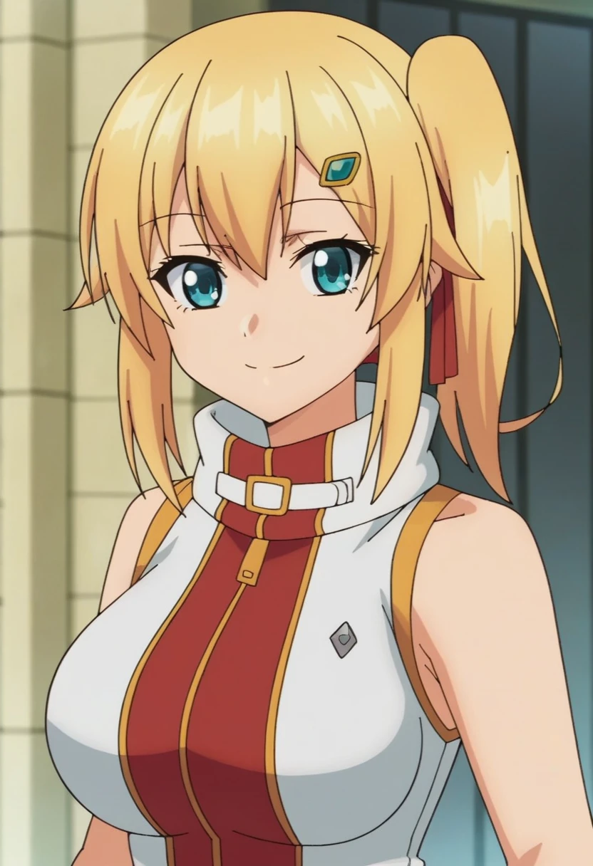 emma brightness, blonde_hair, 1girl, hair_ornament, blue_eyes, hairclip, solo, side_ponytail, large_breasts,    ,  looking at viewer, upper body, smile, score_9, score_8_up, score_7_up, , anime coloring ,BREAK source_anime, anime