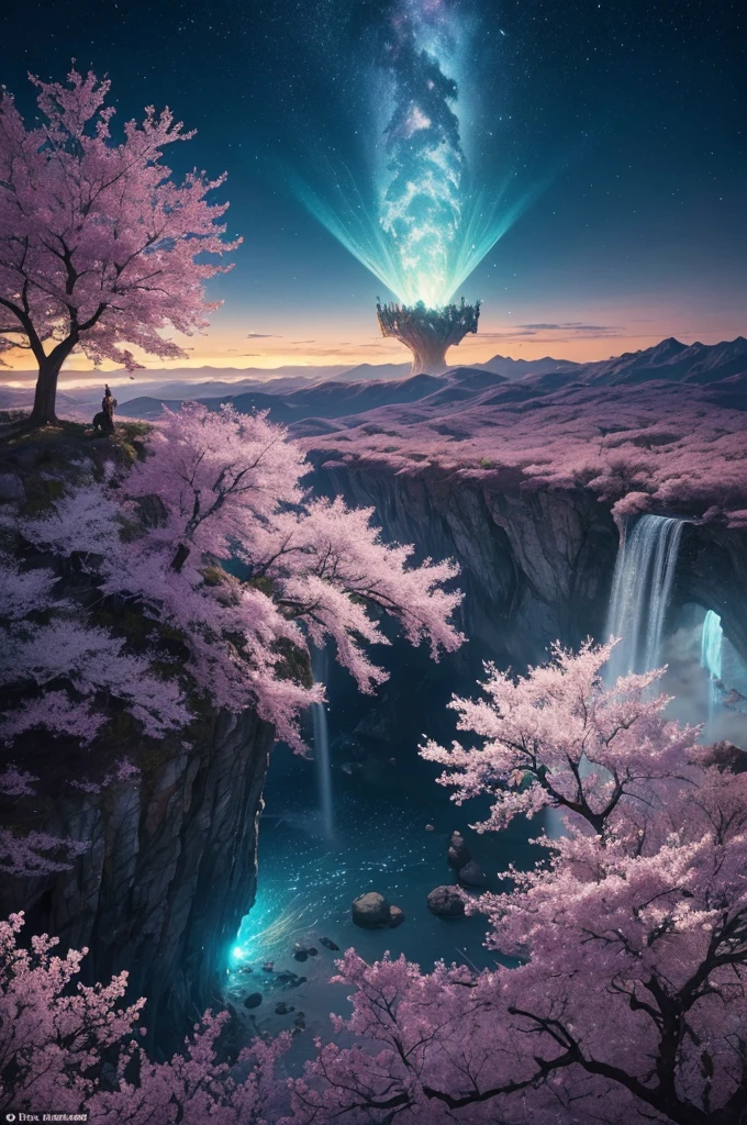 In the realm of whimsical fantasy, a majestic and translucent comet takes to the skies, defying the very laws of nature. Its colossal form glows with a luminescent radiance, each fluid curve and wrinkle captured in exquisite detail in this high-resolution image. Cherry blossoms drift gently through the air around it, their delicate petals unfurling and cascading like rain, falling freely from the branches of ethereal trees that cling tensely to the wondrous behemoth's humongous body. The fantasy landscape that surrounds this aerial spectacle is alive with vibrant colors, as if illuminated by
