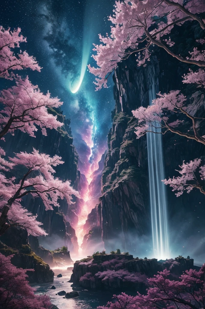 In the realm of whimsical fantasy, a majestic and translucent comet takes to the skies, defying the very laws of nature. Its colossal form glows with a luminescent radiance, each fluid curve and wrinkle captured in exquisite detail in this high-resolution image. Cherry blossoms drift gently through the air around it, their delicate petals unfurling and cascading like rain, falling freely from the branches of ethereal trees that cling tensely to the wondrous behemoth's humongous body. The fantasy landscape that surrounds this aerial spectacle is alive with vibrant colors, as if illuminated by
