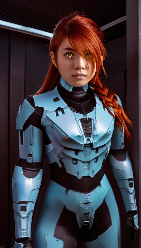 1 Girl、((glowing eyes, red eyes)), Medium Bust、solo、red Hair、Braid、Mobile Race Suit、Shoulder Armor、ceiling、Wide Shot、Looking Ahead、zipup suit 、Closed Mouth、Highest quality、medium quality、22 years old、Mobile Trace System、cockpit、Asian、CyborgCosplay