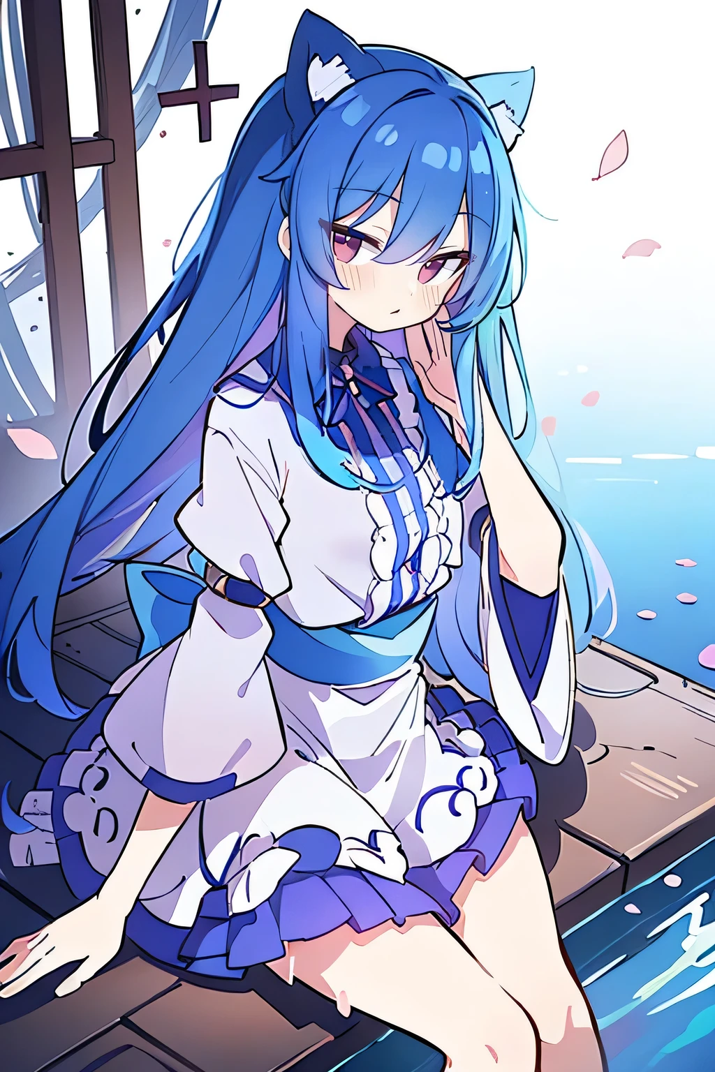 (masterpiece:1.2),Extremely detailed,Practical,expressive eyes,Fair skin,Perfect face shaping,1 Girl,
Japanese cartoons,Gorgeous blue hair, the long flowing blue hair,Floating clothes,Cat ears,Petals fall,beautiful lola,Angel,
Place your hands on your waist,sit elegantly on the ground,Cross your legs,Gentle and peaceful background,open sky。