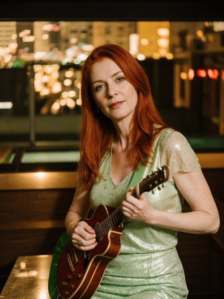 portrait, her name is Mia, high quality, 1 old woman, ((40-year-old guitar-shaped body irish woman)), (((40 years old))), wide hips, (((red hair))), (pale skin), ((green eyes)), she is wearing a sparkly party outfit, dynamic pose, BREAK, BACKGROUND: indoor: rooftop bar with city lights, Film grain