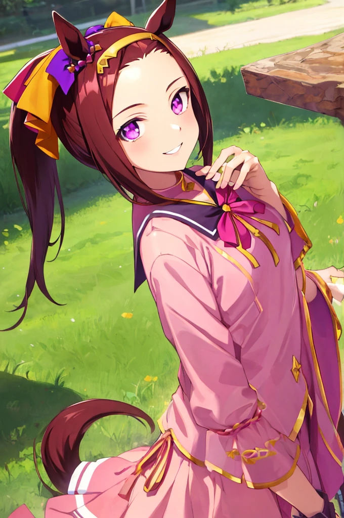 sakura bakushin o \(umamusume\), ((Highly detailed face)), Slender girl, whole body,masterpiece, Highest quality, underwear,good,panties,Horse tail, A light smile, Beautiful and clear eyes, frontage,