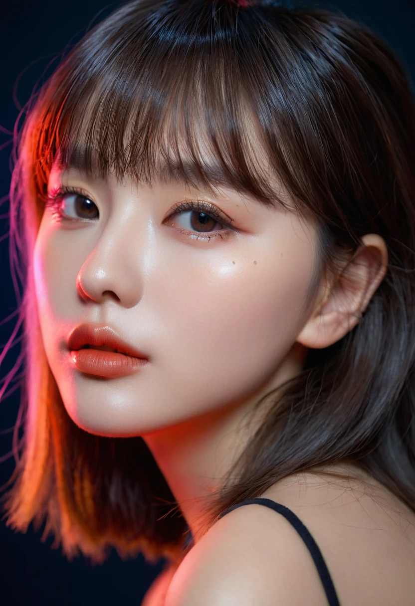 8k, best quality, 1 Girl, (Skin Indentation), night, (dark), Indoor clear background, (people), Beautiful bangs, Gorgeous,, (Clothing and:1.3),Soft lighting, attractive, dark Room, (mouth close:1.2, beautiful eyes, Delicate eyes, Detailed iris, Beautiful lips, Beautiful nose, Pretty Face),(primary color:1.5)，(Ambient Light:1.3)，(Neon light:1.3)