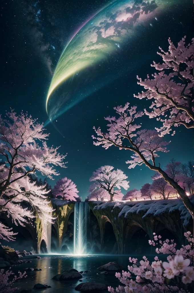 In the realm of whimsical fantasy, a majestic and translucent comet takes to the skies, defying the very laws of nature. Its colossal form glows with a luminescent radiance, each fluid curve and wrinkle captured in exquisite detail in this high-resolution image. Cherry blossoms drift gently through the air around it, their delicate petals unfurling and cascading like rain, falling freely from the branches of ethereal trees that cling tensely to the wondrous behemoth's humongous body. The fantasy landscape that surrounds this aerial spectacle is alive with vibrant colors, as if illuminated by