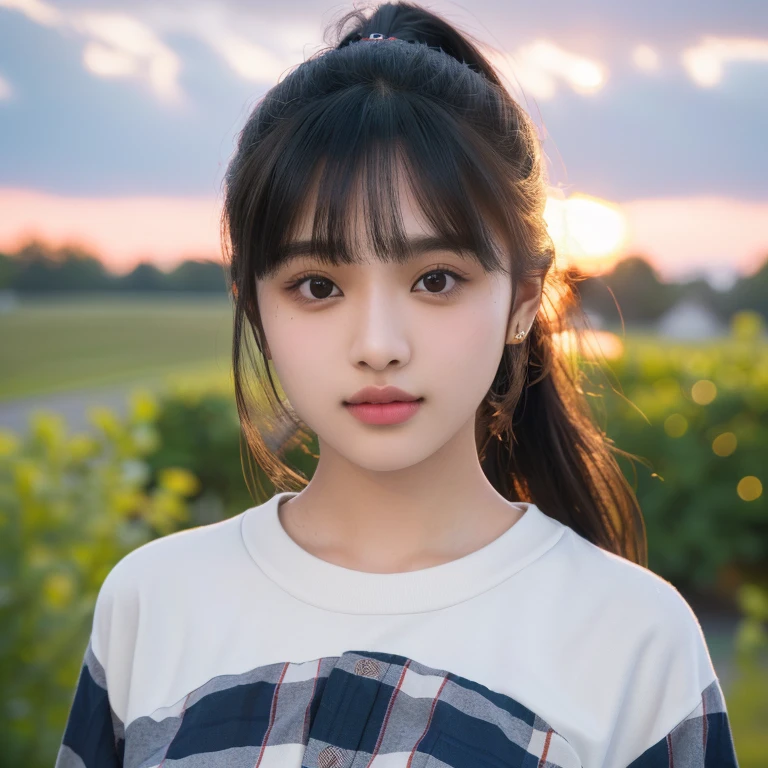 A young woman, Aarav, wears a plaid shirt and stands in front of the house., Portrait in the middle of a shot, Portrait 8 k, instagram post, Southeast Asians with round faces, long hair, ponytail, Photos in Portrait mode, Medium-term portrait, Shot with Sony Alpha, soft Portrait 8 k, Portrait photography, home photography, Shot with Canon EOS R5, Shot with Canon EOS R5, Headshot profile picture