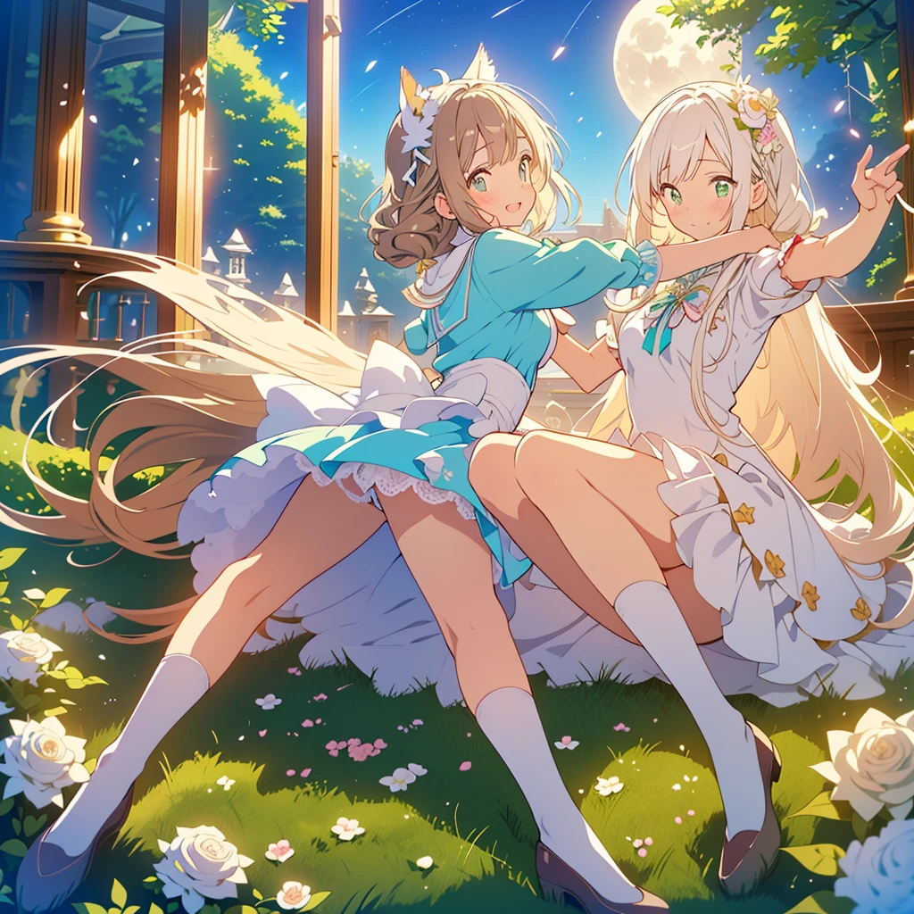 kawaii, anime, Cute, hyper quality, highly detailed, 8k, Front facing, Clarity, brown long hair, green eyes, smile, white rose, Set in Alice's Wonderland, planted white roses, white rose petals are dancing, Draw facial expressions in detail, over knee socks, alice's maid outfit, mark with sue, playing cards, clock, fairy tale, fantasy, shine of light, highlight on eyes, wink, My body dances, Gradation of bright sky and evening and night sky, (Rainbow, moon, full moon, and shooting stars in the sky), whole body, Twisted trees of different sizes, twisted ivy, rabbit, white roses bloom, white rose petals, 