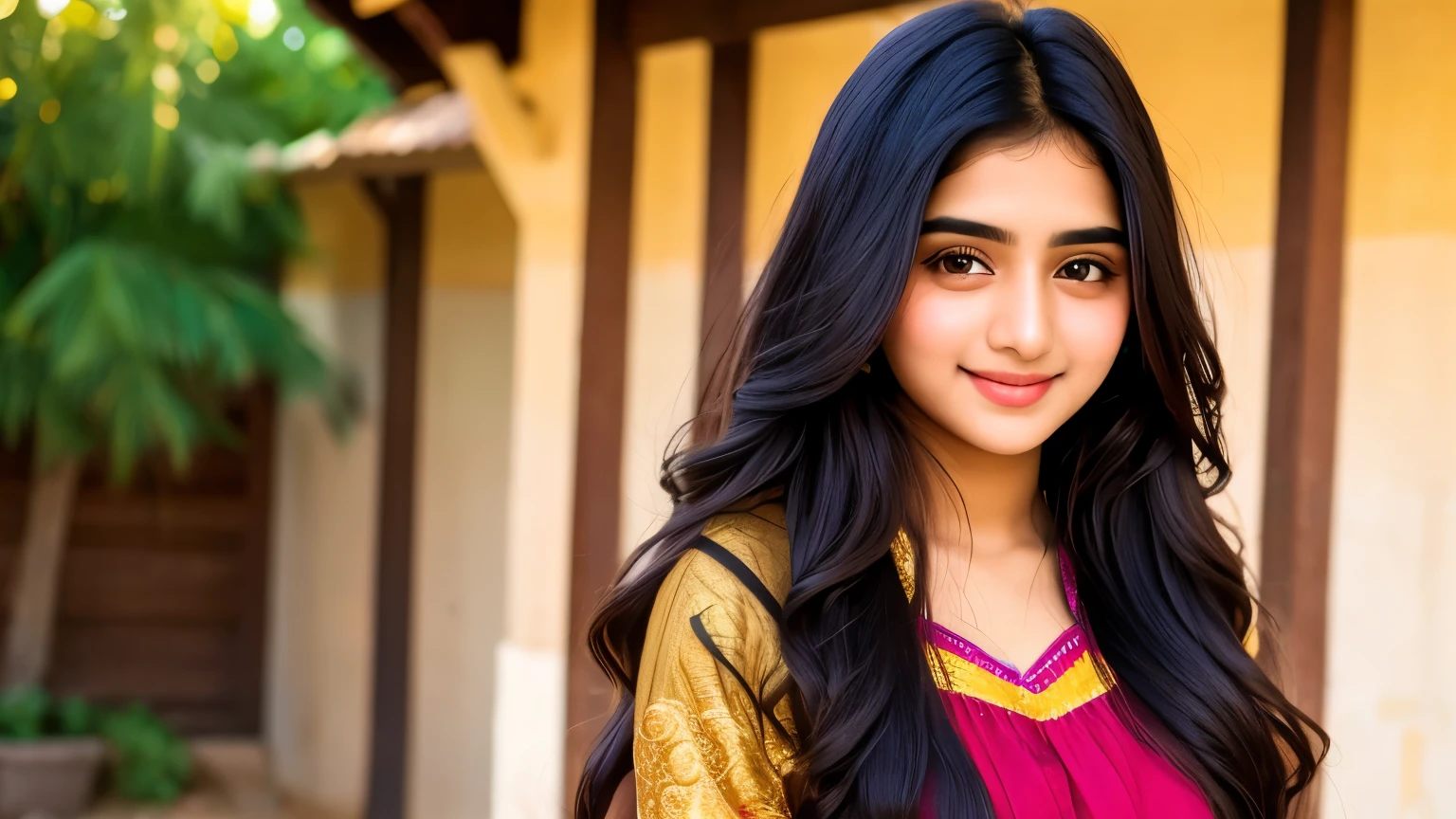 beautiful cute young attractive Pakistani teenage girl, village girl, 18 years old, cute, Instagram model, long black_hair, colorful hair, indian, huge big breasts, little smiling, smooth face very realistic