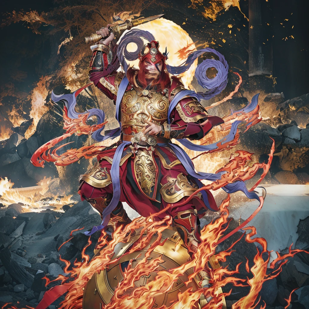 red hair male asura (3 eyes) warrior look, ancient chiense armour, surrounded by fire, sending on a huge wheel, holding a metal whip weapon (sword), purple deity ribbon, fierce look,