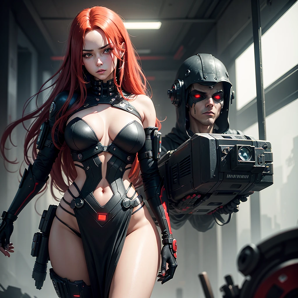 "Fantastic cyberpunk post-apocalyptic style. Beautiful cyborg girl with long red hair, dressed in a black android suit with a cleavage and small red details, stands vertically in front of the camera. The camera films her from below. She stands above the camera in a dominant pose. Her hands are behind her back. She looks into the lens with a playful, with a slightly flirtatious look and a slight smile. Her thighs are exposed. Dark background with red flashes and lights, creating an atmosphere of slight sadness. The image horizon is flat. Primary colors - black and red." sci fi