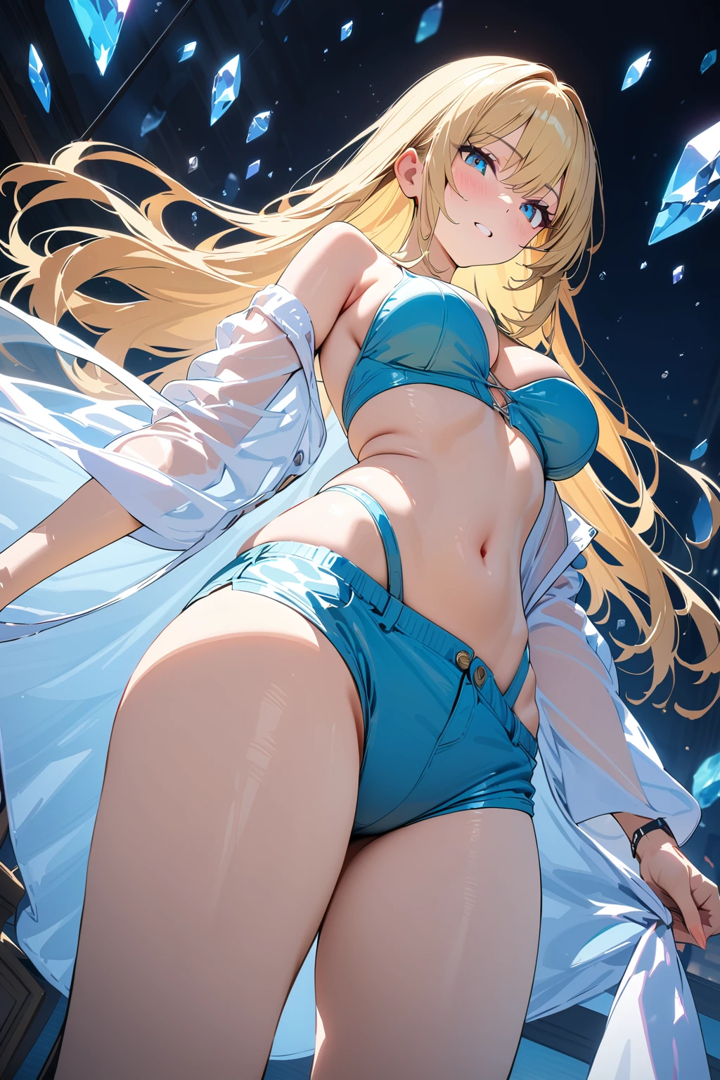 (masterpiece, best quality:1.5), (ultra detailed, high resolution, 8k, beautiful detailed, UHD, best anatomy), blonde straight hair, medium breasts, 1 girl, short shorts, thin see-through, standing, from below, Crystals floating around, night