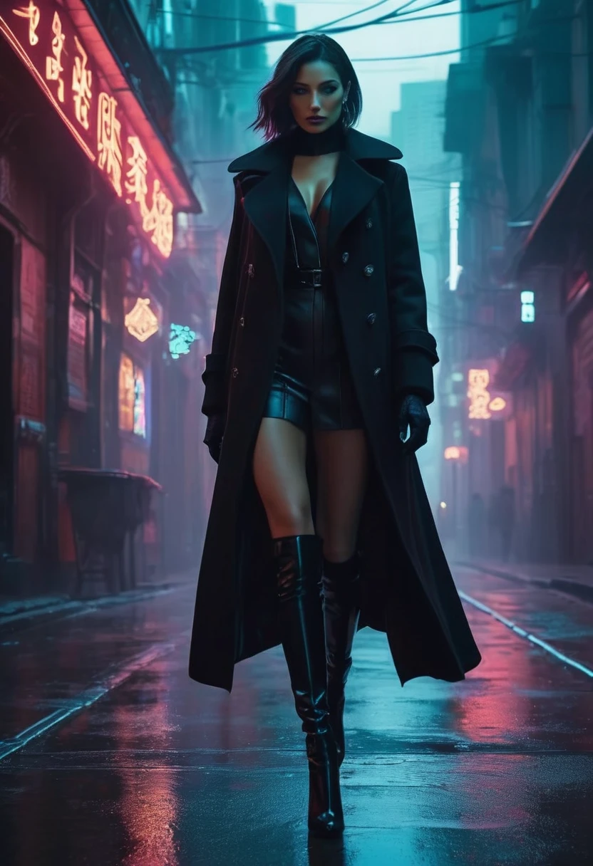 An agent walks down the street, full body, legs showing, Wearing an elegant black coat. Eyes are intricate. The situation is dangerous and serious. colored. hazy atmosphere. An atmosphere full of mystery and intrigue. cyberpunk,