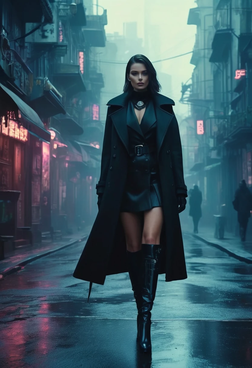 An agent walks down the street, full body, legs showing, Wearing an elegant black coat. Eyes are intricate. The situation is dangerous and serious. colored. hazy atmosphere. An atmosphere full of mystery and intrigue. cyberpunk,