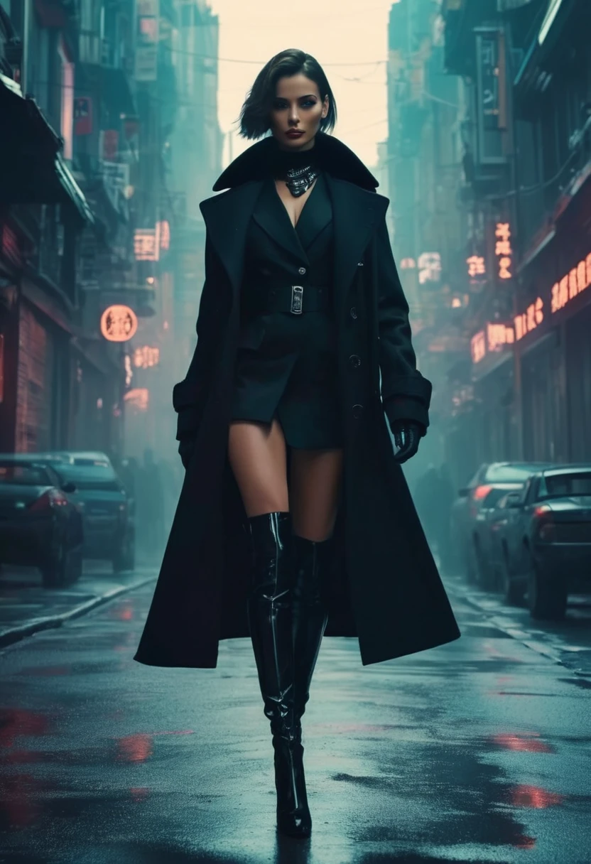 An agent walks down the street, full body, legs showing, Wearing an elegant black coat. Eyes are intricate. The situation is dangerous and serious. colored. hazy atmosphere. An atmosphere full of mystery and intrigue. cyberpunk,