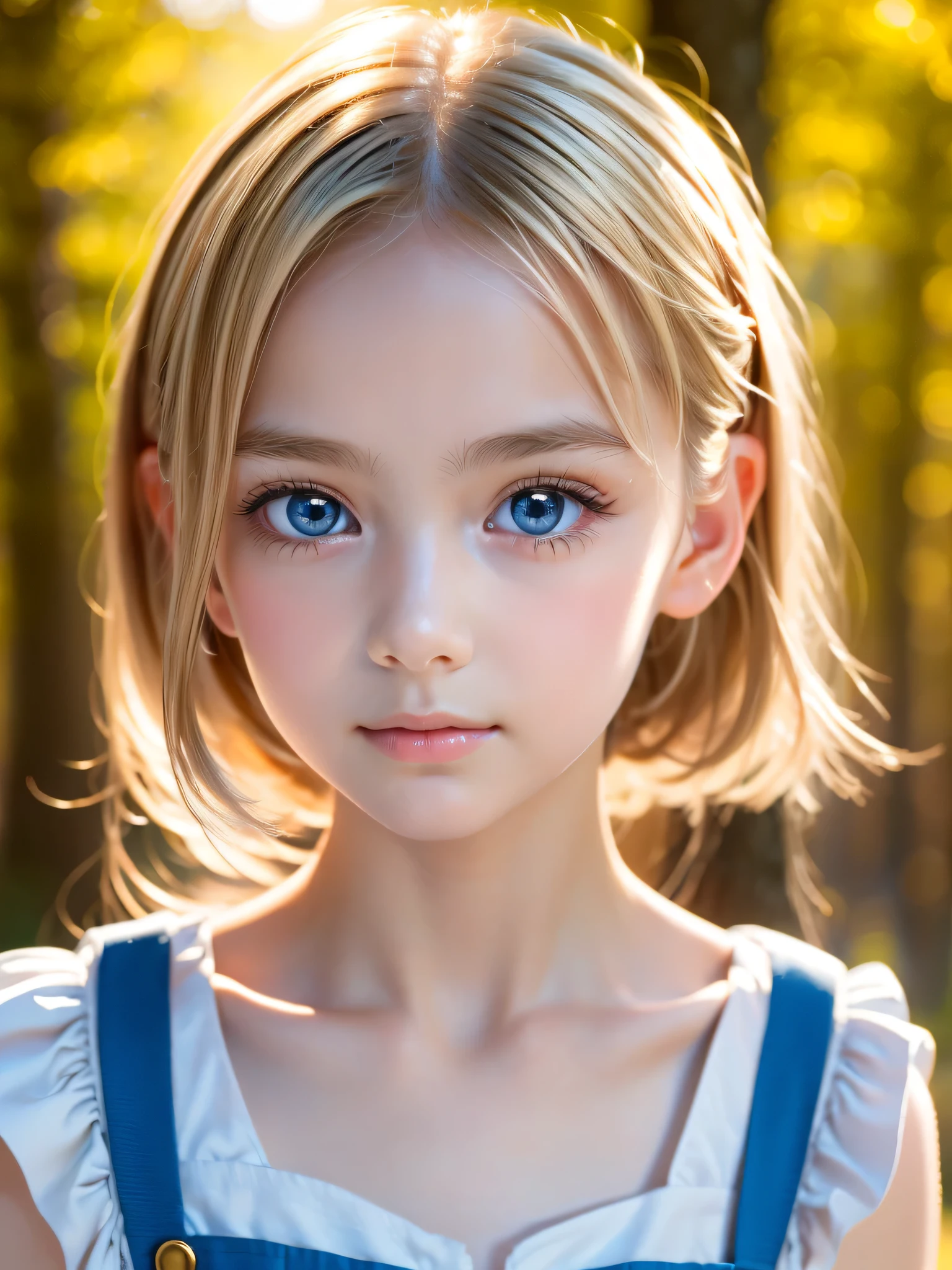 One Girl,(1人のとてもcute女の子:1.3),masterpiece,Highest quality,High resolution,From below,Low - Angle,Photorealistic,RAW Photos,Ray Tracing,Physically Based Rendering,beautiful girl,(12 years old:1.3),cute,Big Blue Eyes,(detailed pupils:1.2),(The face is facing straight ahead:1.3),Body facing forward,Beautiful nose,Upturned nose,Fuller lips,Platinum Blonde Hair,Detailed eyelashes,Thin eyebrows,Very fine grain definition,(Symmetrical eyes,Golden Ratio:1.3),(Face close-up,Face Focus:1.0),Small breasts,Short neck,Light blue dress,White apron,forest,Alice in Wonderland,Spring sunlight,Soft Light,Portrait,View Viewer,Upper Body,Cinema Lighting,High resolution,Very detailed