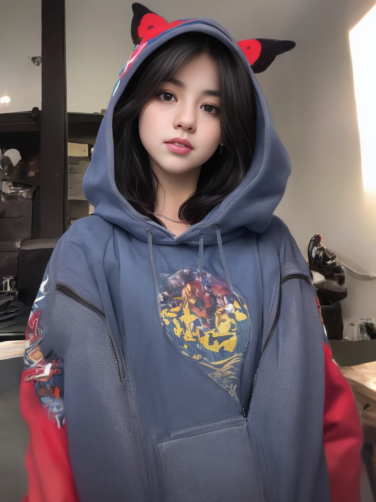 4girl, masterpiece, Best Quality, Illustration, Ultra-detailed, finely detail, hight resolution, 8K Wallpaper, Perfect dynamic composition, Beautiful detailed eyes, long black hair, Natural Lip, blue hoodie and red hoodie , cleavage. vonzy