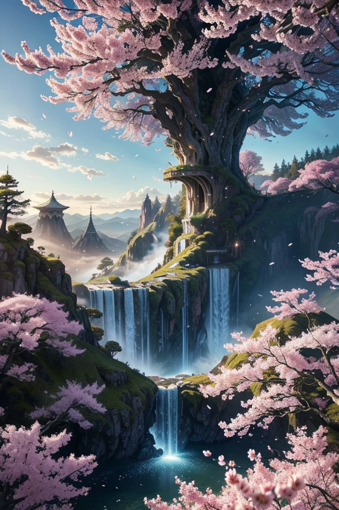 In the realm of whimsical fantasy, a majestic and translucent stairway takes to the skies, defying the very laws of nature. Its colossal form glows with a luminescent radiance, each fluid curve and wrinkle captured in exquisite detail in this high-resolution image. Cherry blossoms drift gently through the air around it, their delicate petals unfurling and cascading like rain, falling freely from the branches of ethereal trees that cling tensely to the wondrous behemoth's humongous body. The fantasy landscape that surrounds this aerial spectacle is alive with vibrant colors, as if illuminated by
