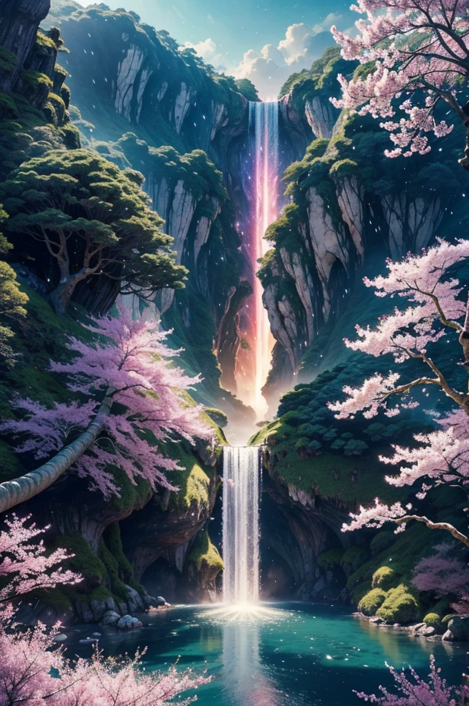 In the realm of whimsical fantasy, a majestic and translucent stairway takes to the skies, defying the very laws of nature. Its colossal form glows with a luminescent radiance, each fluid curve and wrinkle captured in exquisite detail in this high-resolution image. Cherry blossoms drift gently through the air around it, their delicate petals unfurling and cascading like rain, falling freely from the branches of ethereal trees that cling tensely to the wondrous behemoth's humongous body. The fantasy landscape that surrounds this aerial spectacle is alive with vibrant colors, as if illuminated by