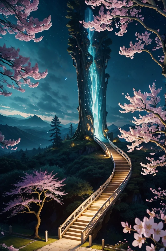In the realm of whimsical fantasy, a majestic and translucent stairway takes to the skies, defying the very laws of nature. Its colossal form glows with a luminescent radiance, each fluid curve and wrinkle captured in exquisite detail in this high-resolution image. Cherry blossoms drift gently through the air around it, their delicate petals unfurling and cascading like rain, falling freely from the branches of ethereal trees that cling tensely to the wondrous behemoth's humongous body. The fantasy landscape that surrounds this aerial spectacle is alive with vibrant colors, as if illuminated by