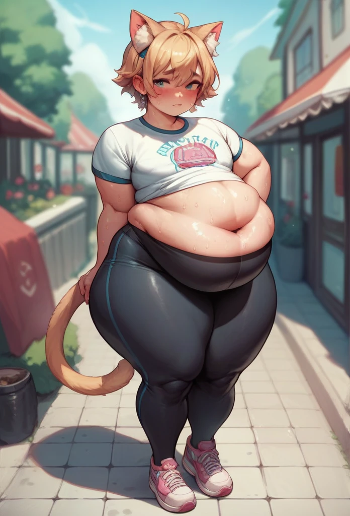 Fat femboy with a huge belly, huge tights, high tights, cat ears, belly button, a lot of sweat, huge belly fat, and fat arms, blush in his cute face.