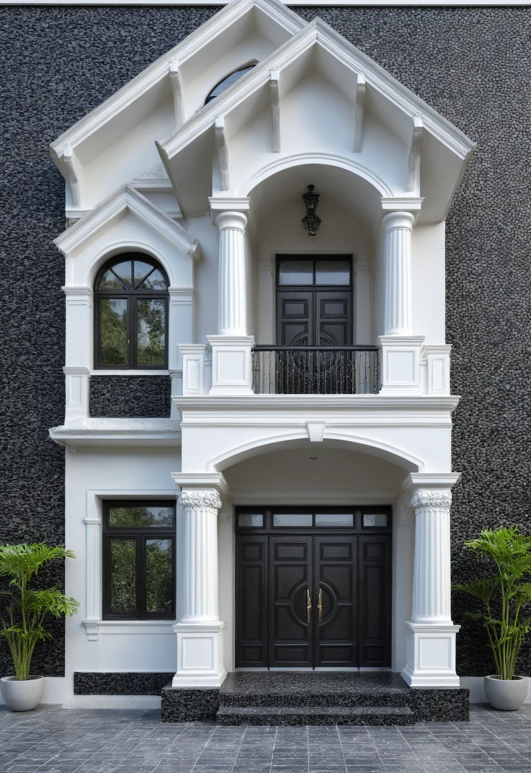 (Image lumineuse), Une maison de style moderne à deux étages au milieu du Vietnam, (dark granite tiled wall),(classic detail), architecture simple et élégante avec murs blancs sur la moitié supérieure et toit en tuiles grises, large windows with, the door of&#39;entrée est blanche avec une forme cintrée, Bonsai, large tiled stone courtyard, photographie professionnelle, day light, Natural light, photographie haute résolution, (best quality, ultra realistic, head of&#39;artwork:1.15)