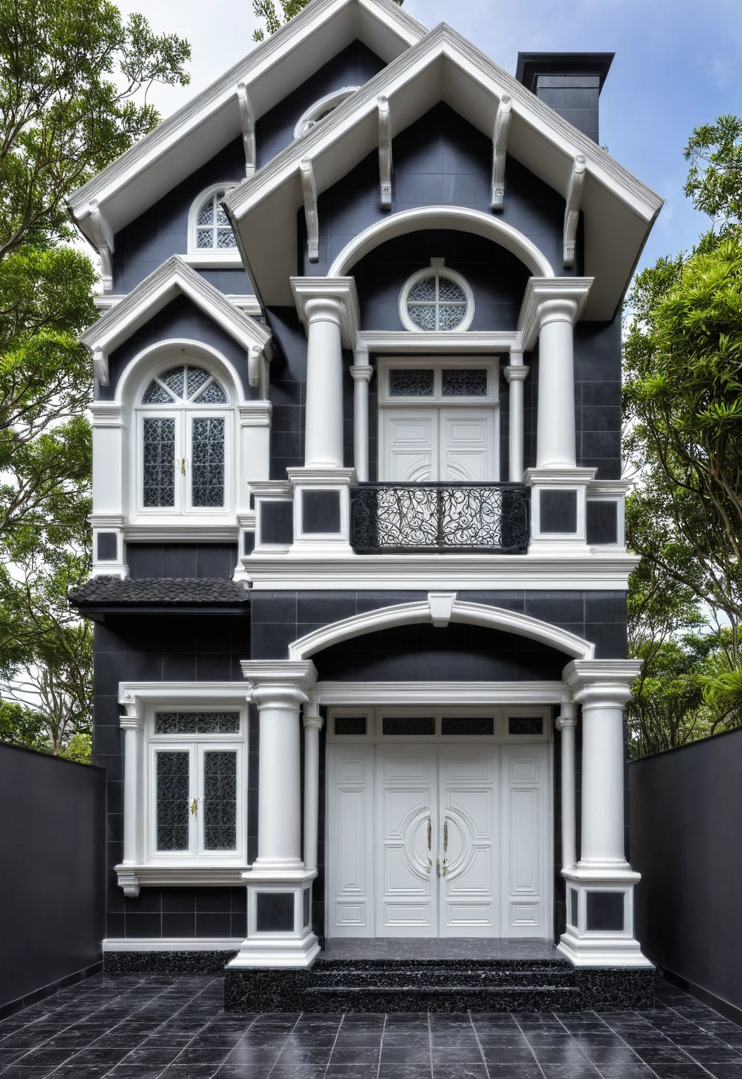 (Image lumineuse), Une maison de style moderne à deux étages au milieu du Vietnam, (dark granite tiled wall),(classic detail), architecture simple et élégante avec murs blancs sur la moitié supérieure et toit en tuiles grises, large windows with, the door of&#39;entrée est blanche avec une forme cintrée, Bonsai, large tiled stone courtyard, photographie professionnelle, day light, Natural light, photographie haute résolution, (best quality, ultra realistic, head of&#39;artwork:1.15)