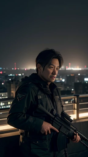 highres, 8k, ultra-detailed, realistic, photorealistic, cinematic, dramatic, masterpiece, 63 years old japanese man, bald, sniper, sniper rifle:1.4, on top of building, aiming rifle, taking shot:1.5, wearing sunglasses, long coat, precise, intense, action, focused, determined expression
